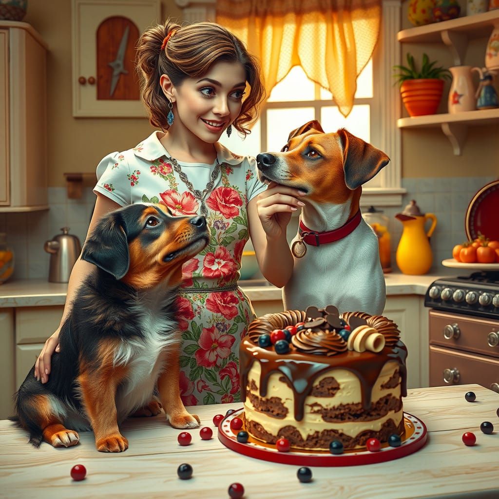 Dog Watches in Awe as Owner Bakes Cake in Whimsical Kitchen