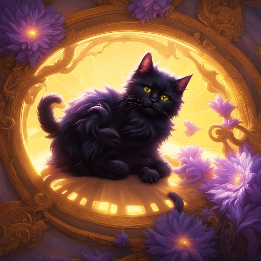 Black Persian Cat in Sunbeam: Dark Fantasy Art