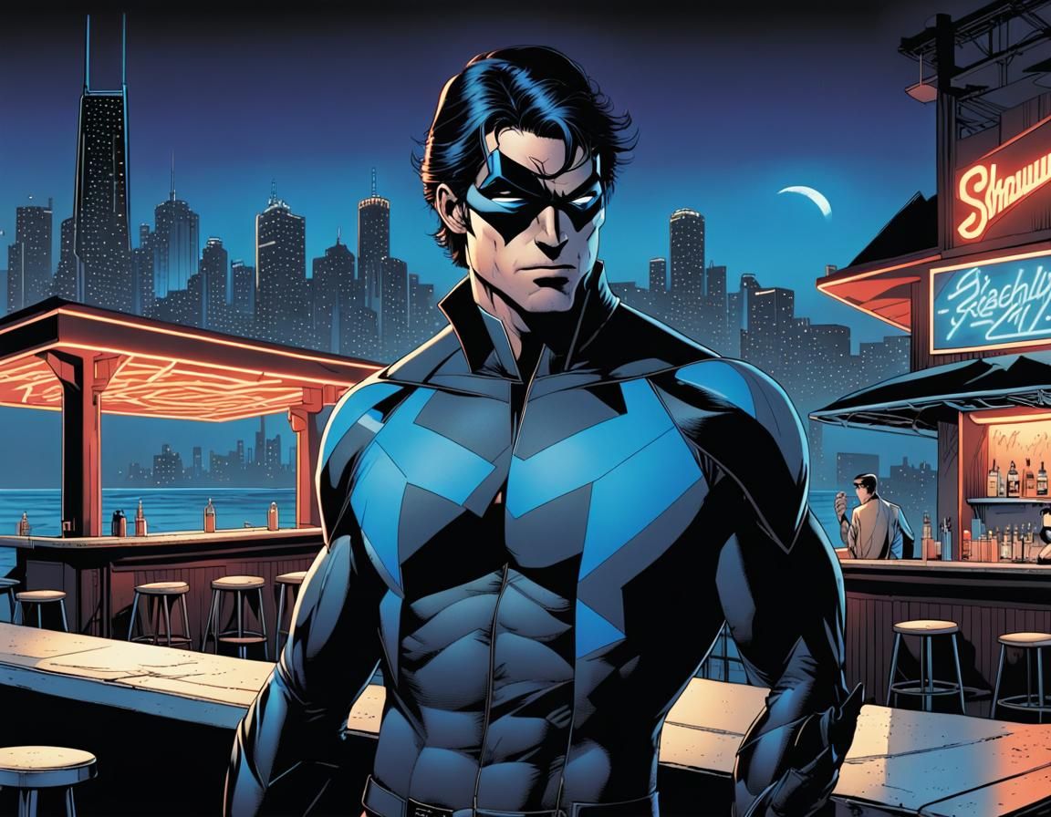 Art by Frank Miller, Nightwing on a covert beach getaway, Sin City's stark noir style, Richard Grayson leaning against a...
