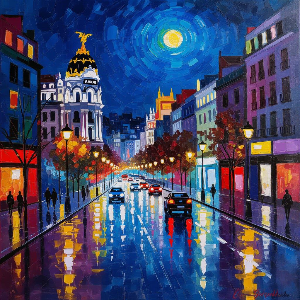 Madrid Gran Vía at Night in Expressionist Style