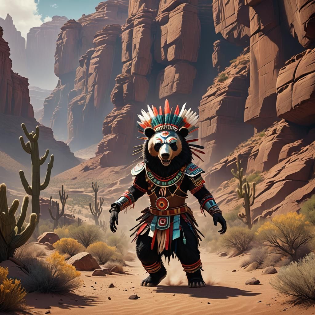 Bear Kachina Dancer in Desert Canyon, Detailed Art