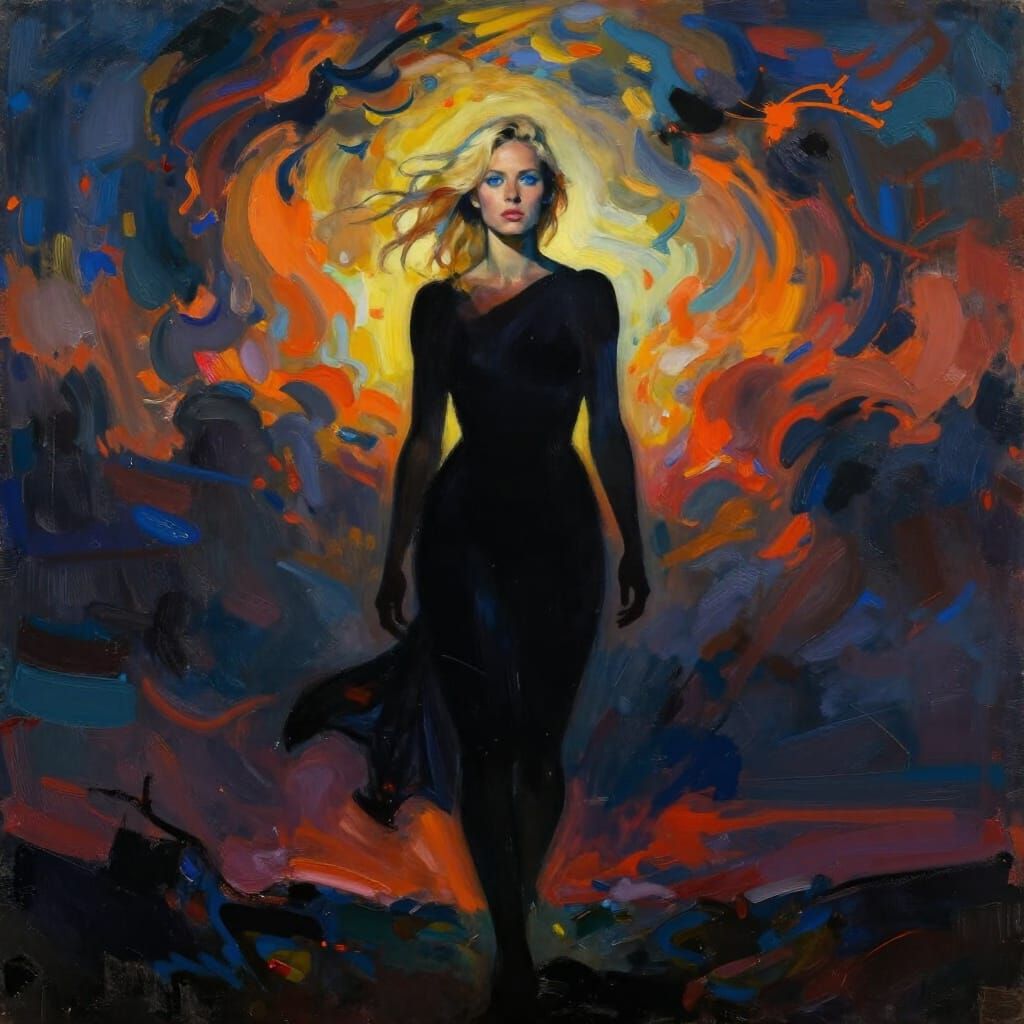 Woman Challenging Balance in Dramatic Neo-Expressionist Styl...