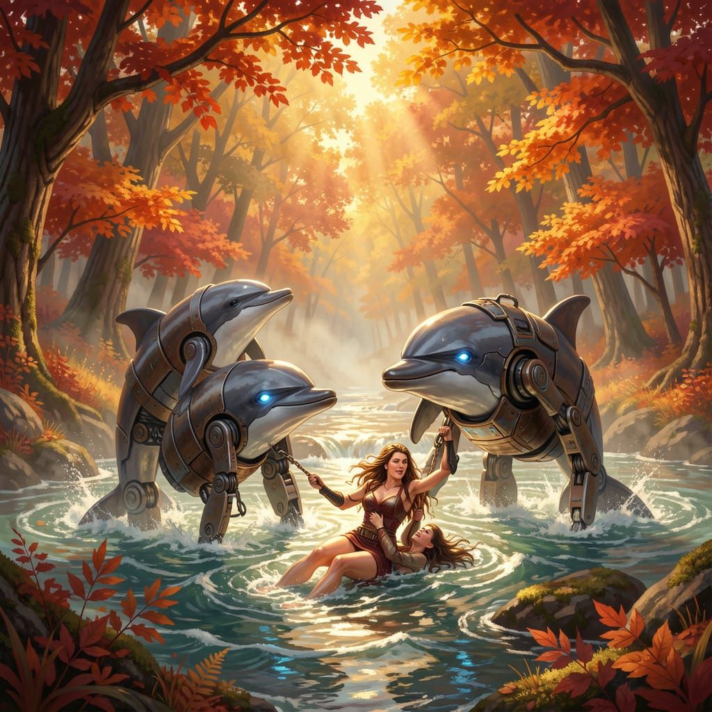 Mechanical Dolphins Rescue Woman in Autumn Forest