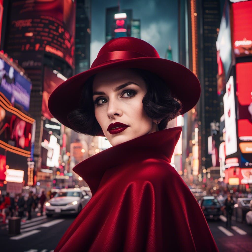 Spy Woman in Times Square with Dark Red Cloak