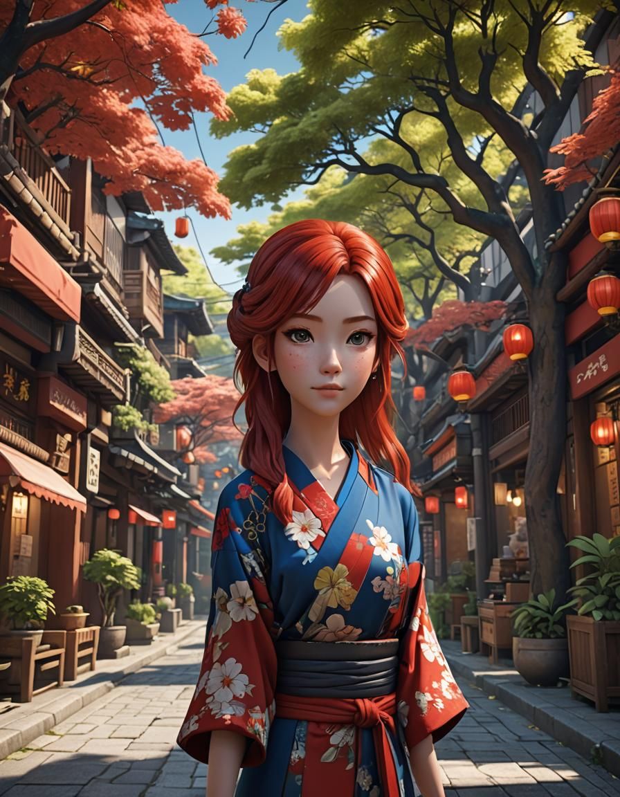 Red-Haired Woman in Kimono: 3D Game Cinematic