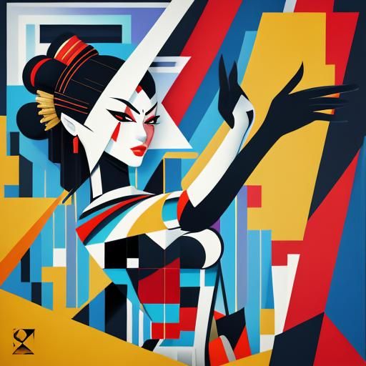 Cubist Geisha Art Deco Painting