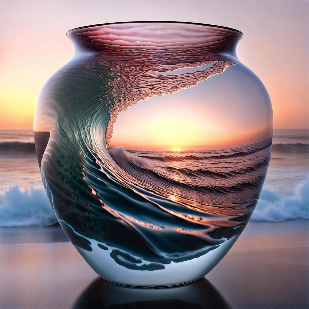 Ocean Waves and Roses in Glass Vase