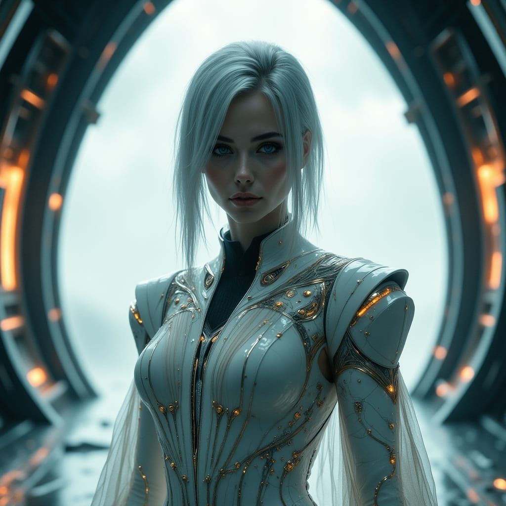 Futuristic Cyborg Model in Ethereal Space Realm