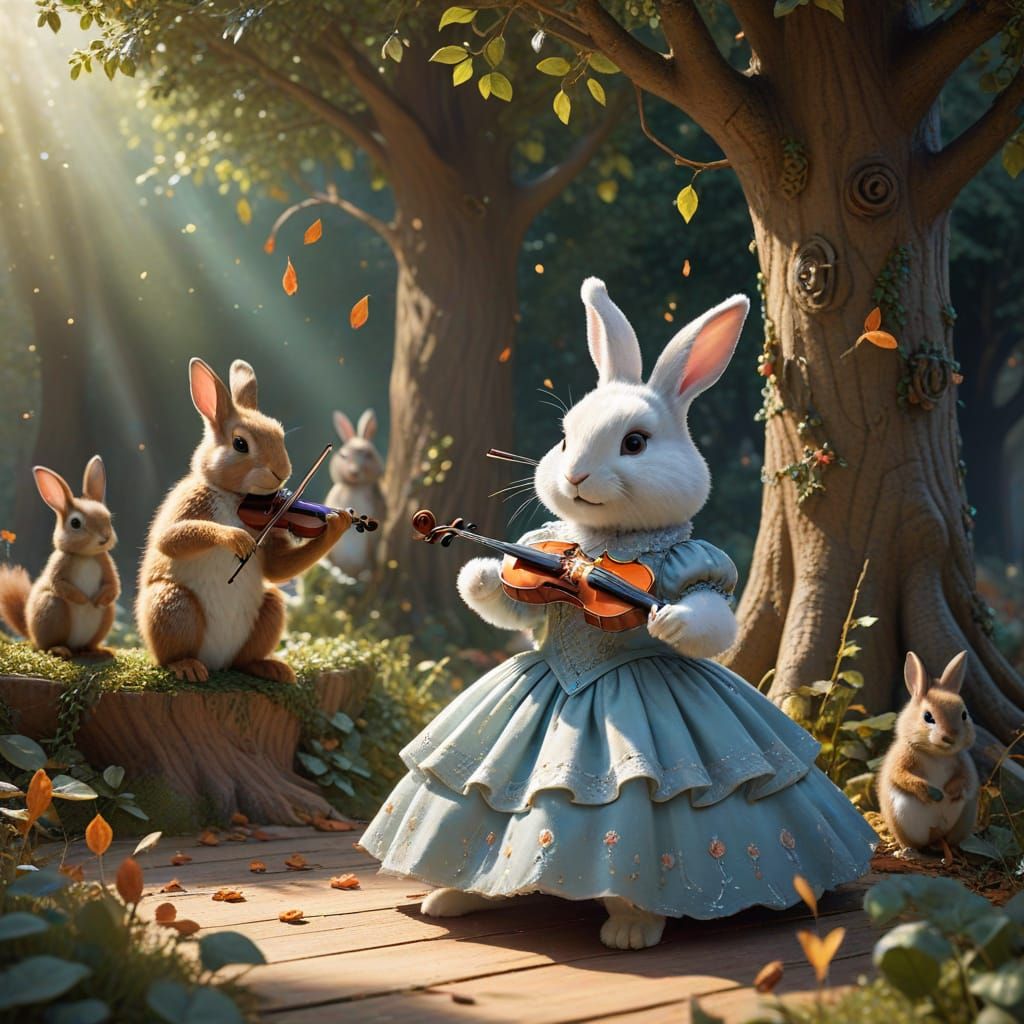 Whimsical Rabbit Violinist with Animal Audience