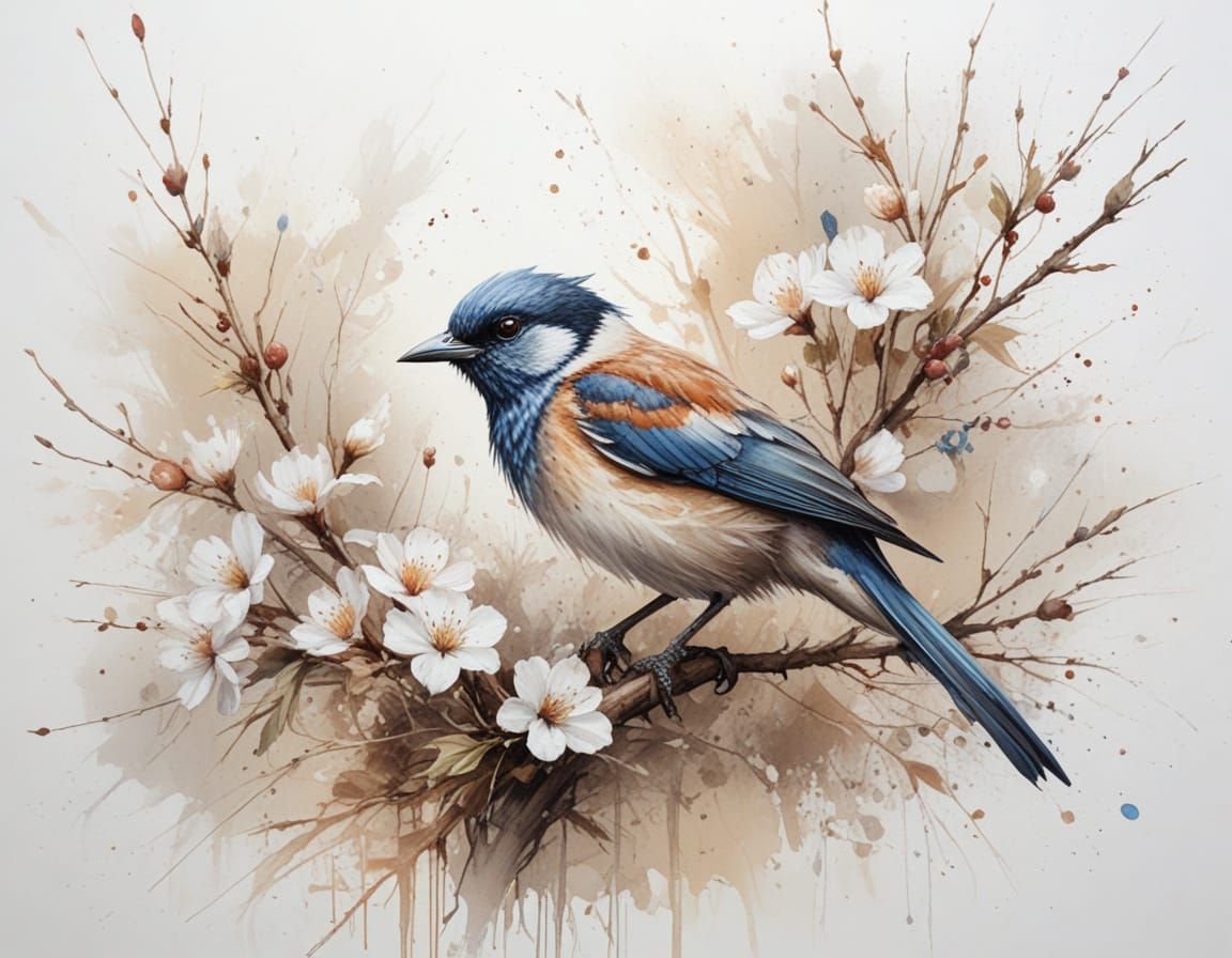 Elegant Bird on Branch with White Blossoms, Painterly Realis...