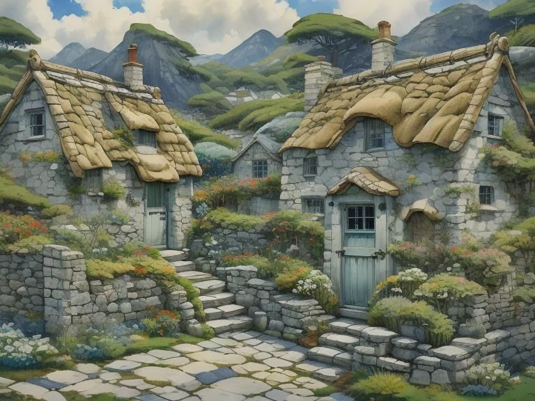 Cozy Ocean Cottage in Detailed Oil Painting Style