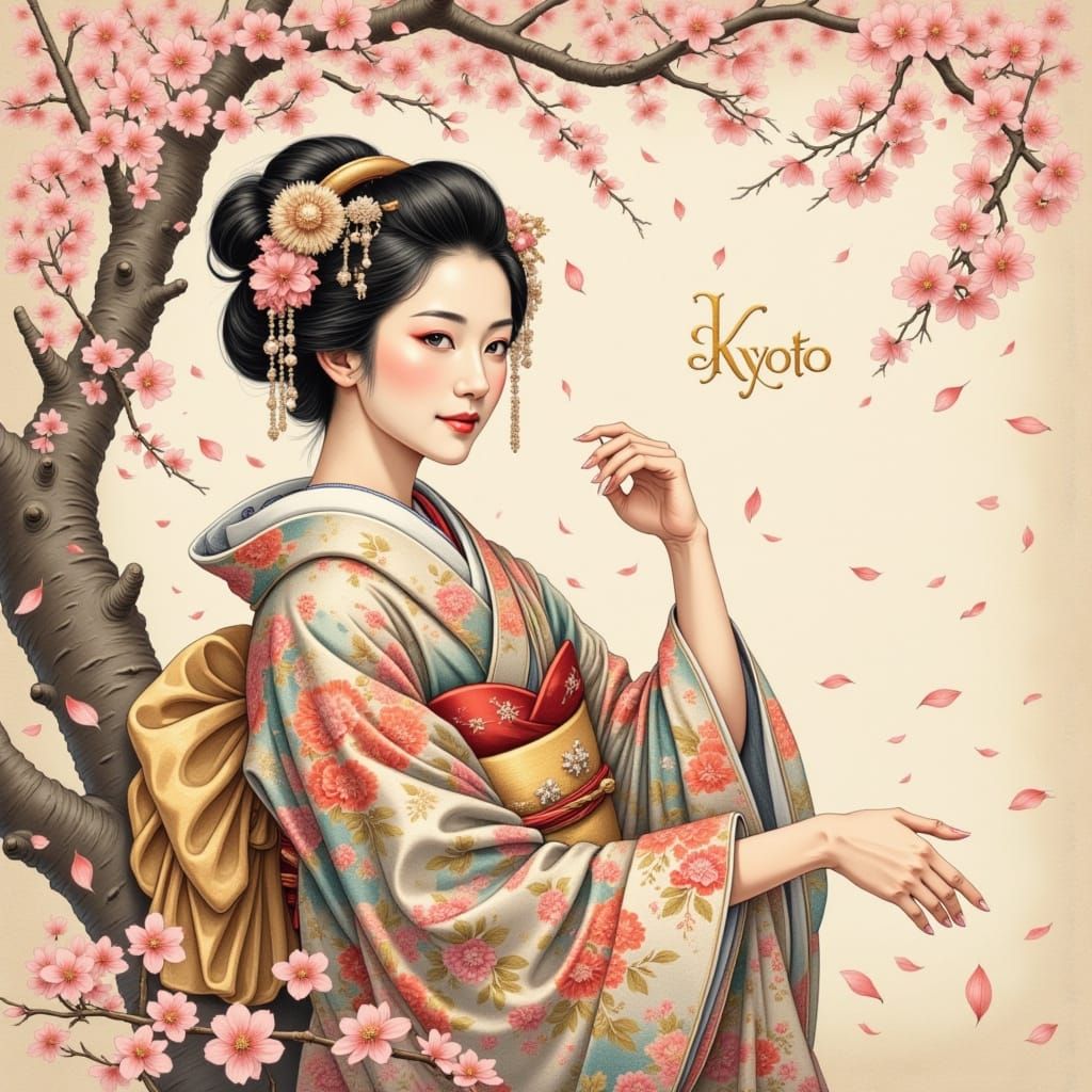 Elegant Geisha in Traditional Japanese Attire Amidst Cherry ...