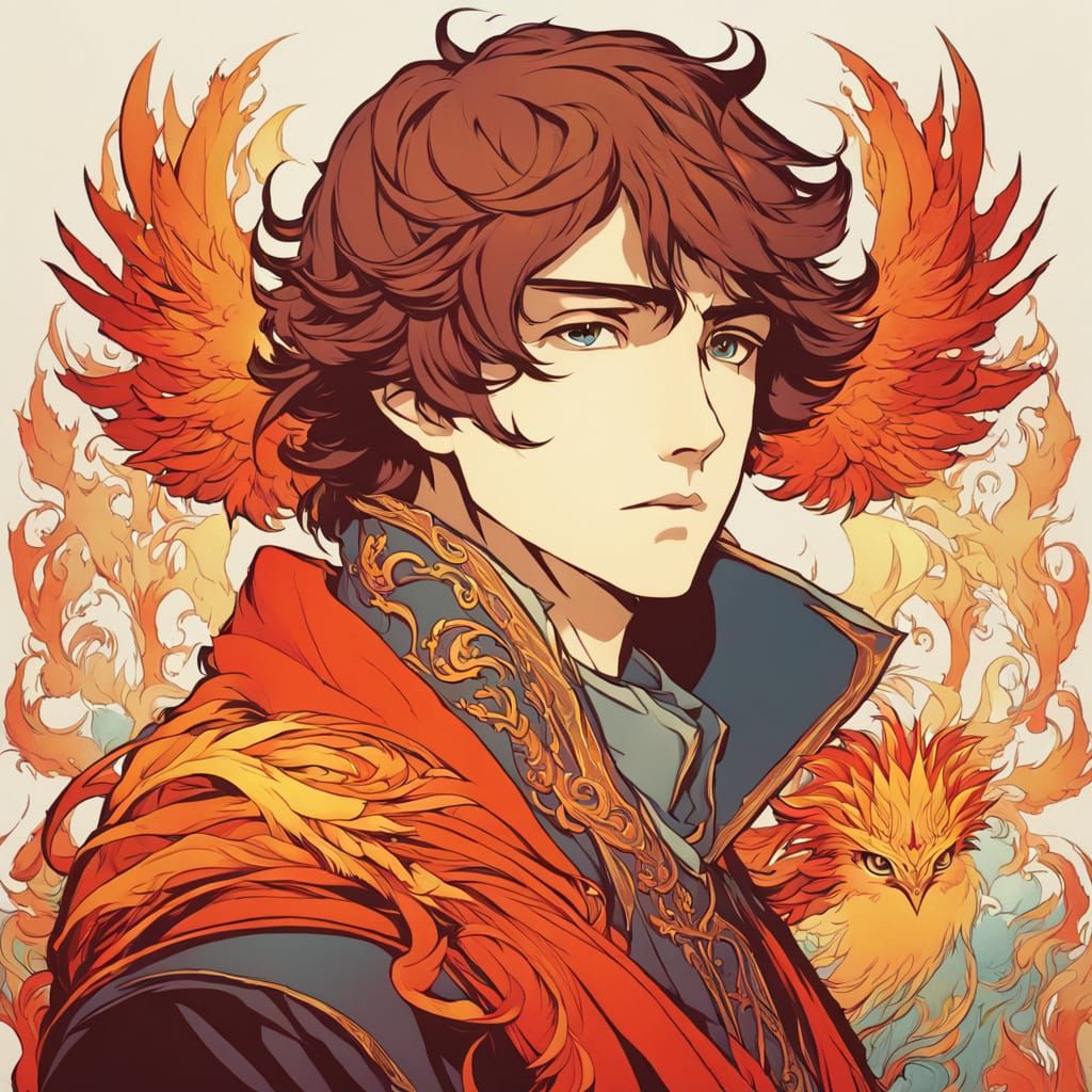 A Medieval Boy Watches a Vibrant Phoenix Dance in Fiery Colo...
