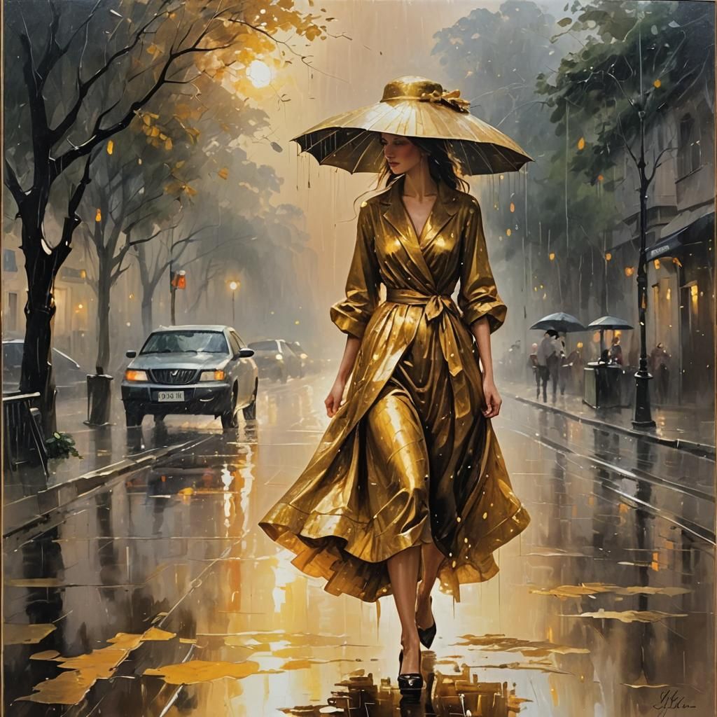Golden Rain Silhouette in Impressionist Style