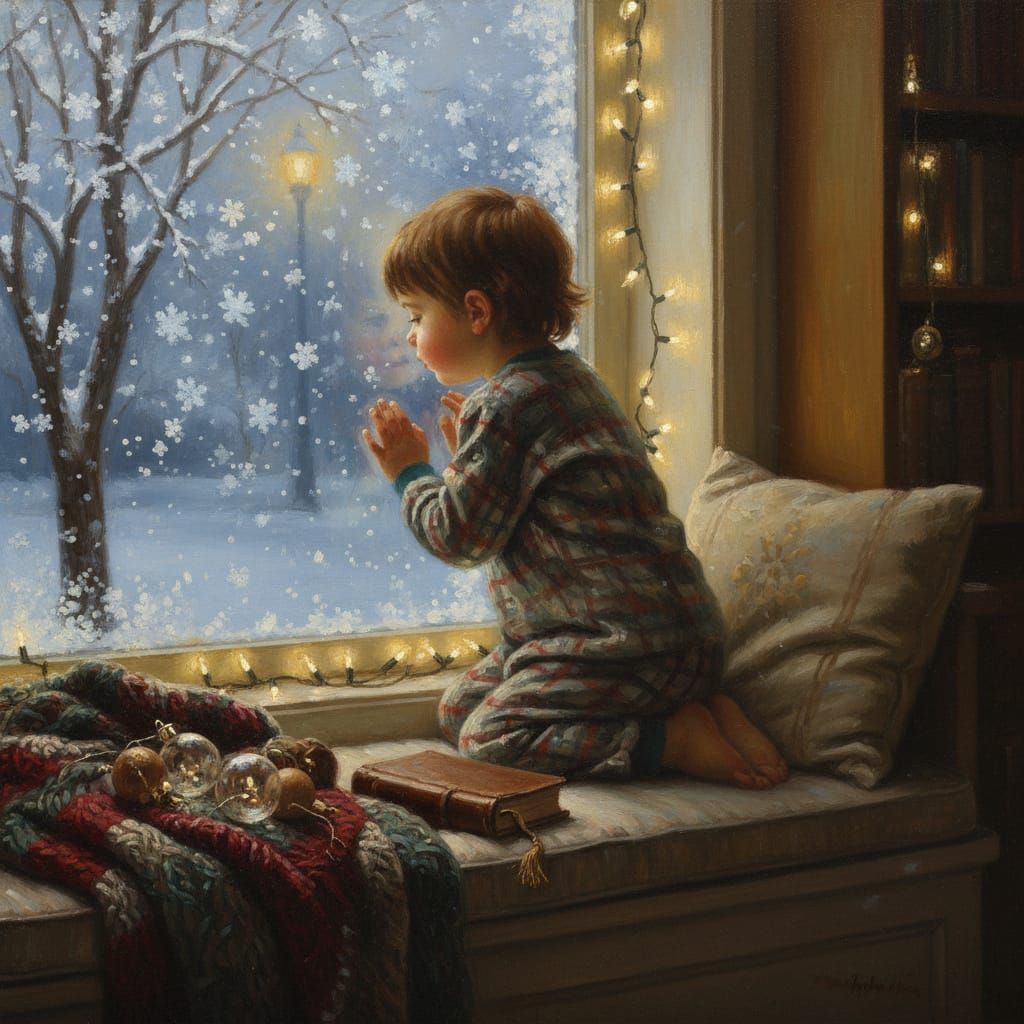 Child Gazes Out Snowy Window, Holiday Lights Aglow