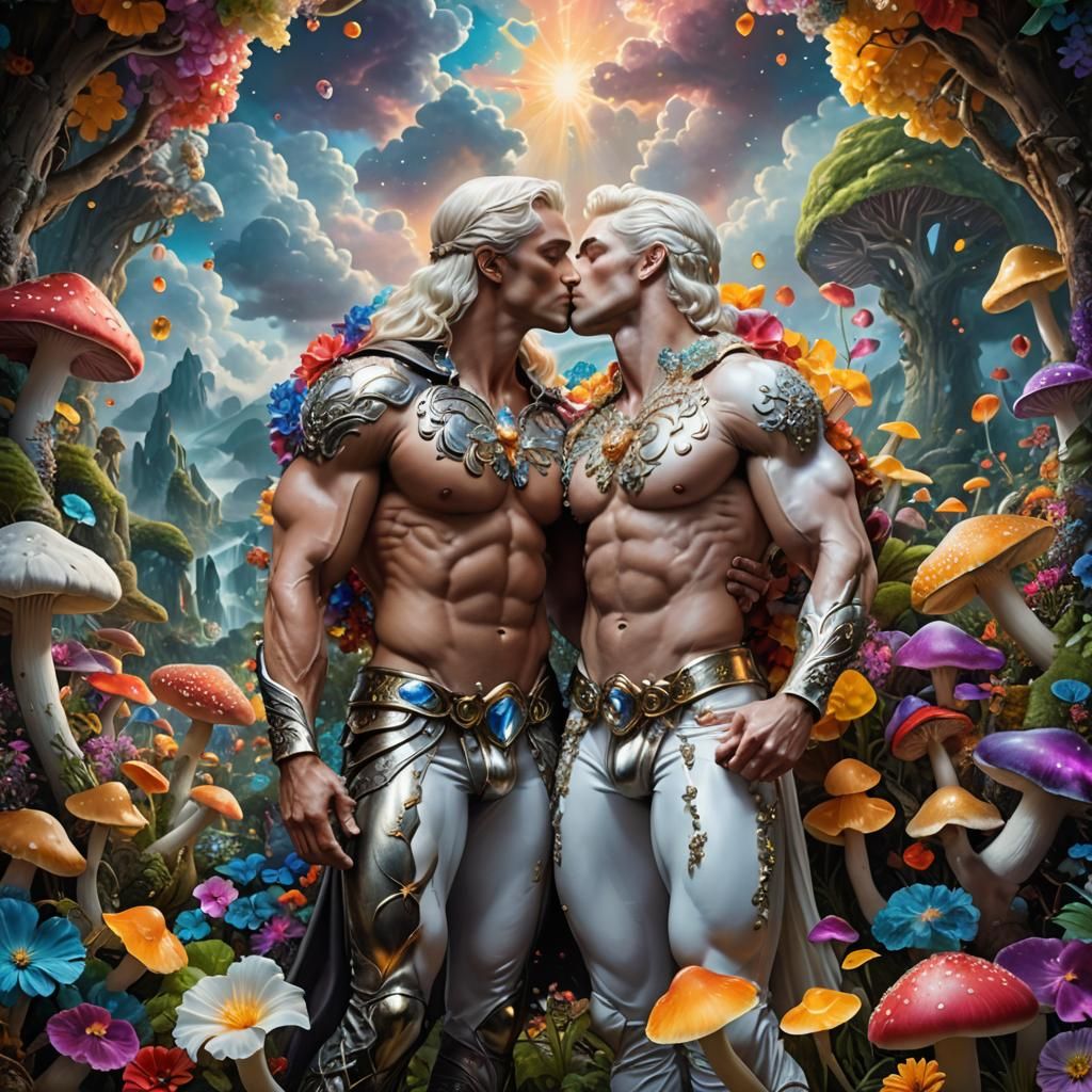 Fantasy Garden: Two Men Kissing in Hyperreal Detail