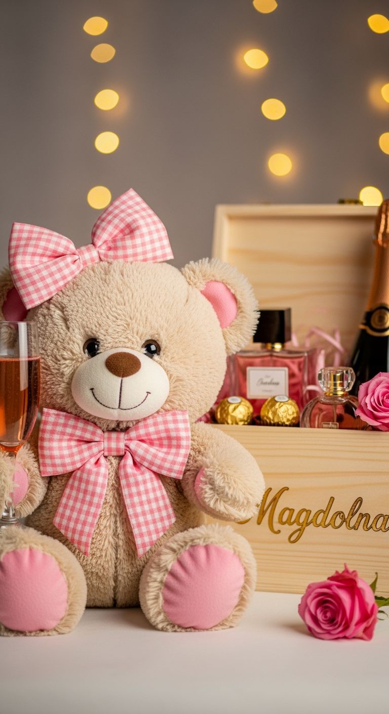 Teddy Bear Celebrates with Champagne and Roses