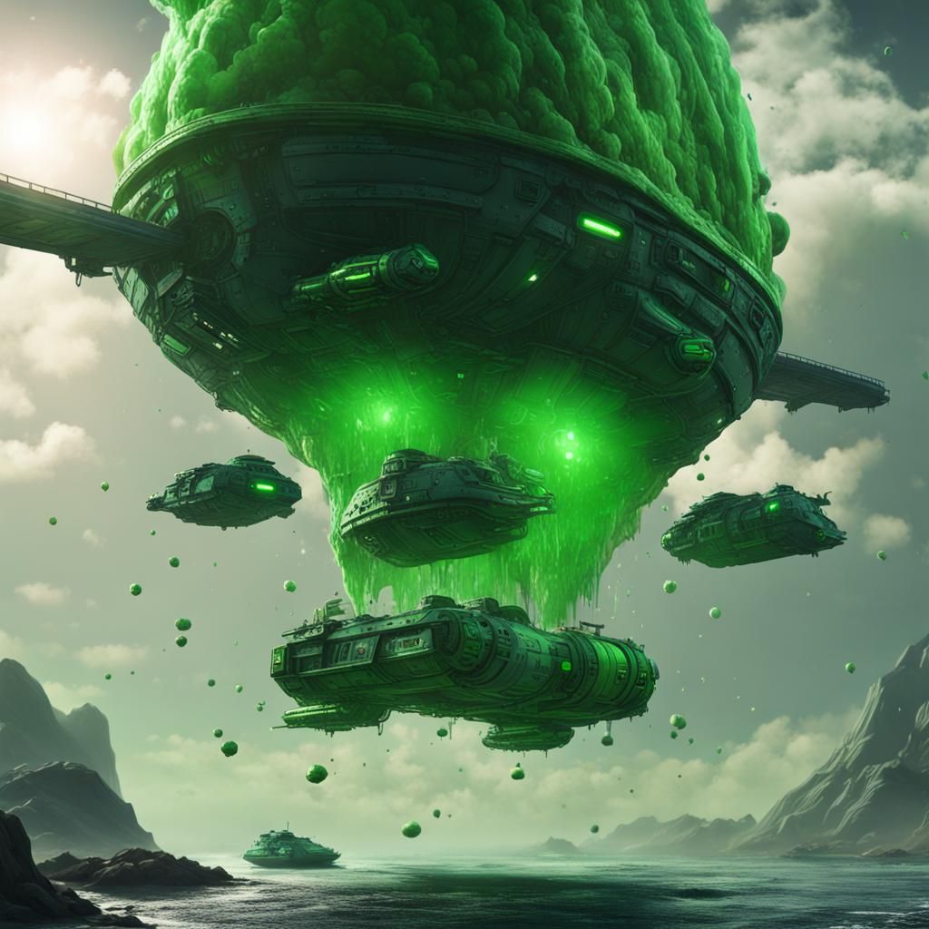Green Spaceship Emitting Slime in Space