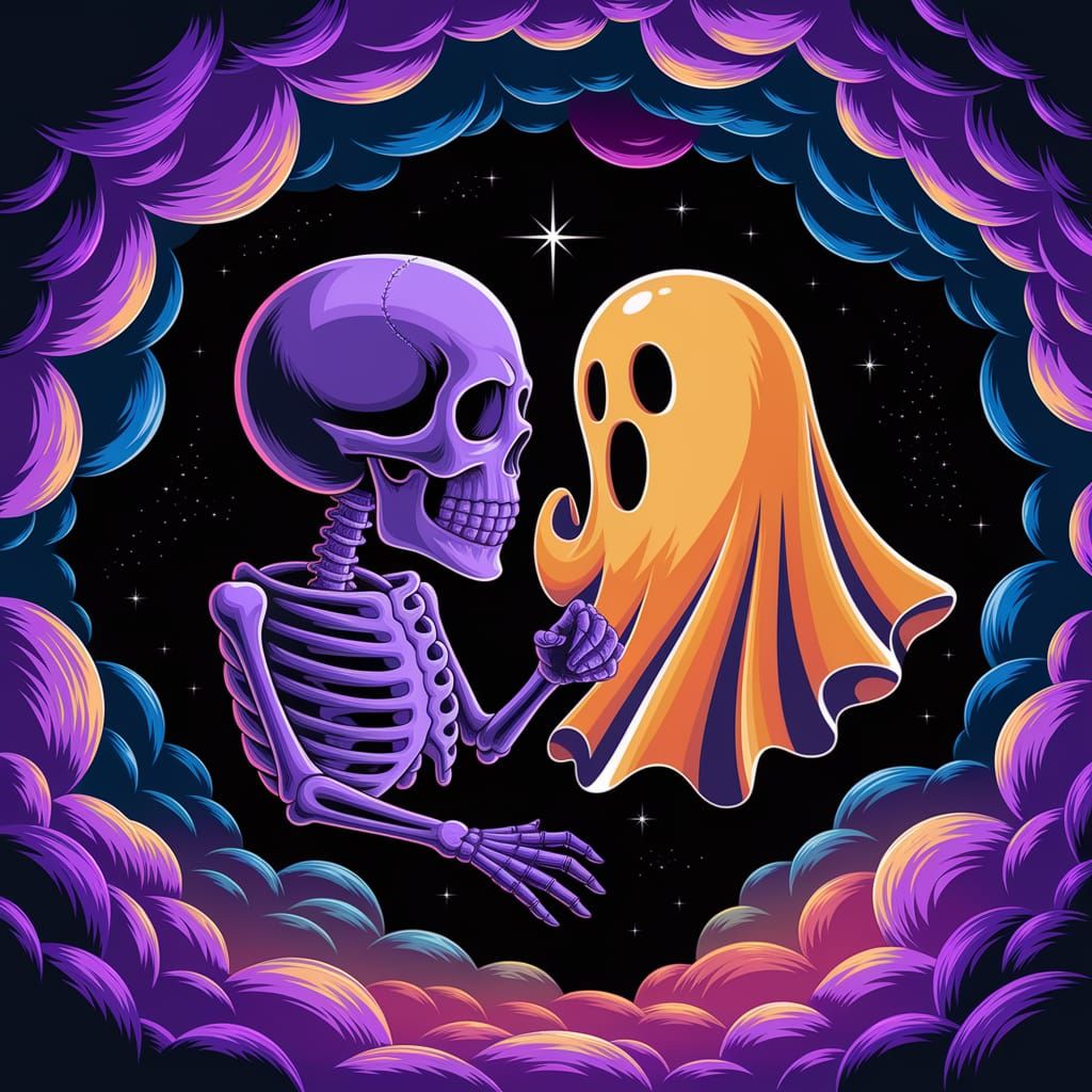 Ethereal Skull and Ghost Dance in a Vibrant, Mystical Sky