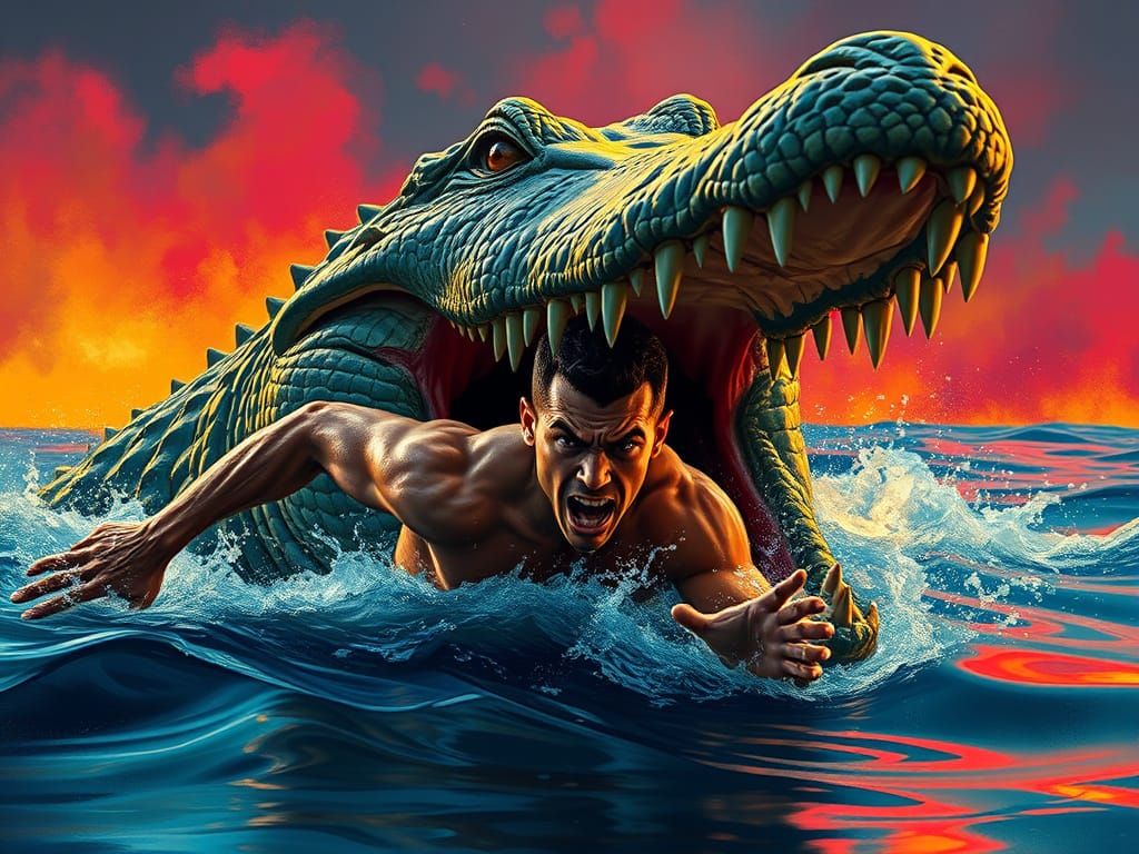 Man Escapes Massive Crocodile Attack in Hyperrealistic Style