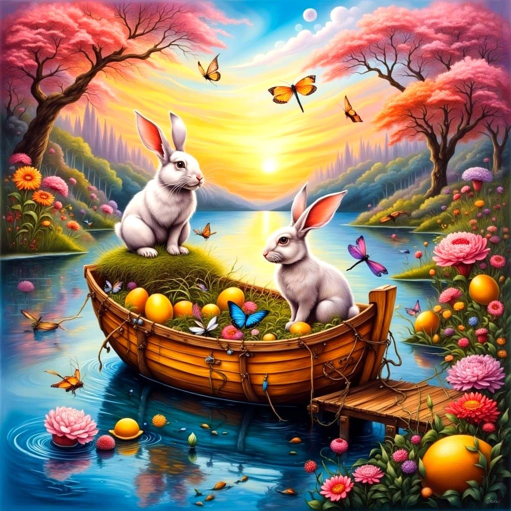 Surreal Bunnies Sail the Misty Lake in a Vibrant Collage