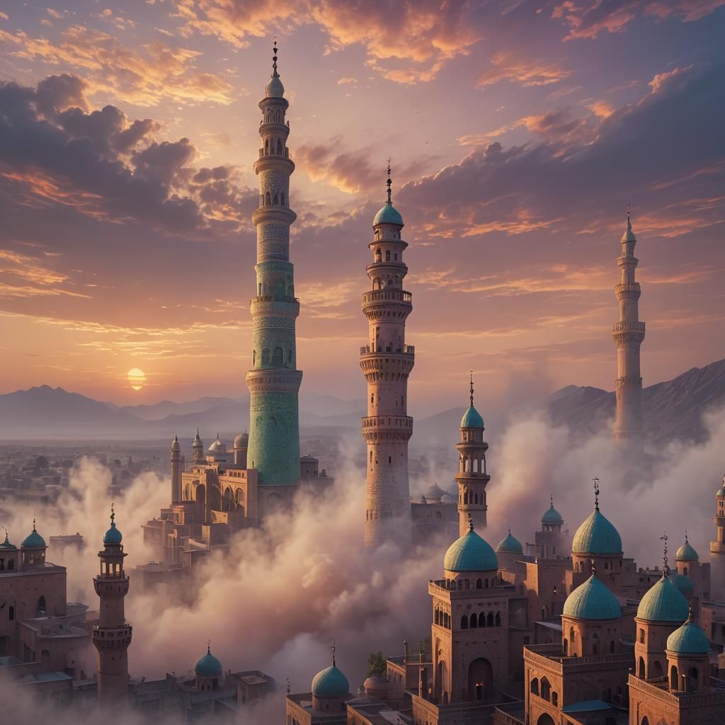 Sunset Minaret with Swirling Mist: Digital Matte Painting