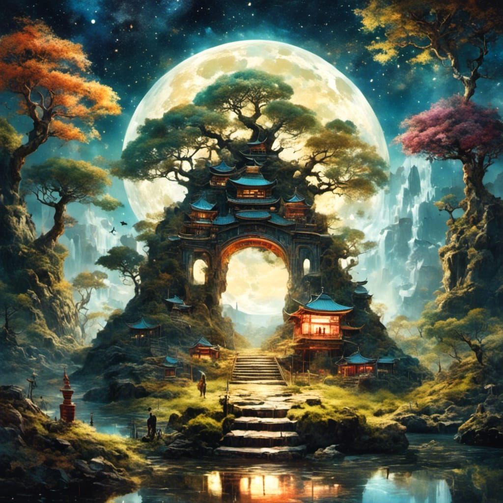 Surreal Anime Bonsai Village in Clockpunk Style