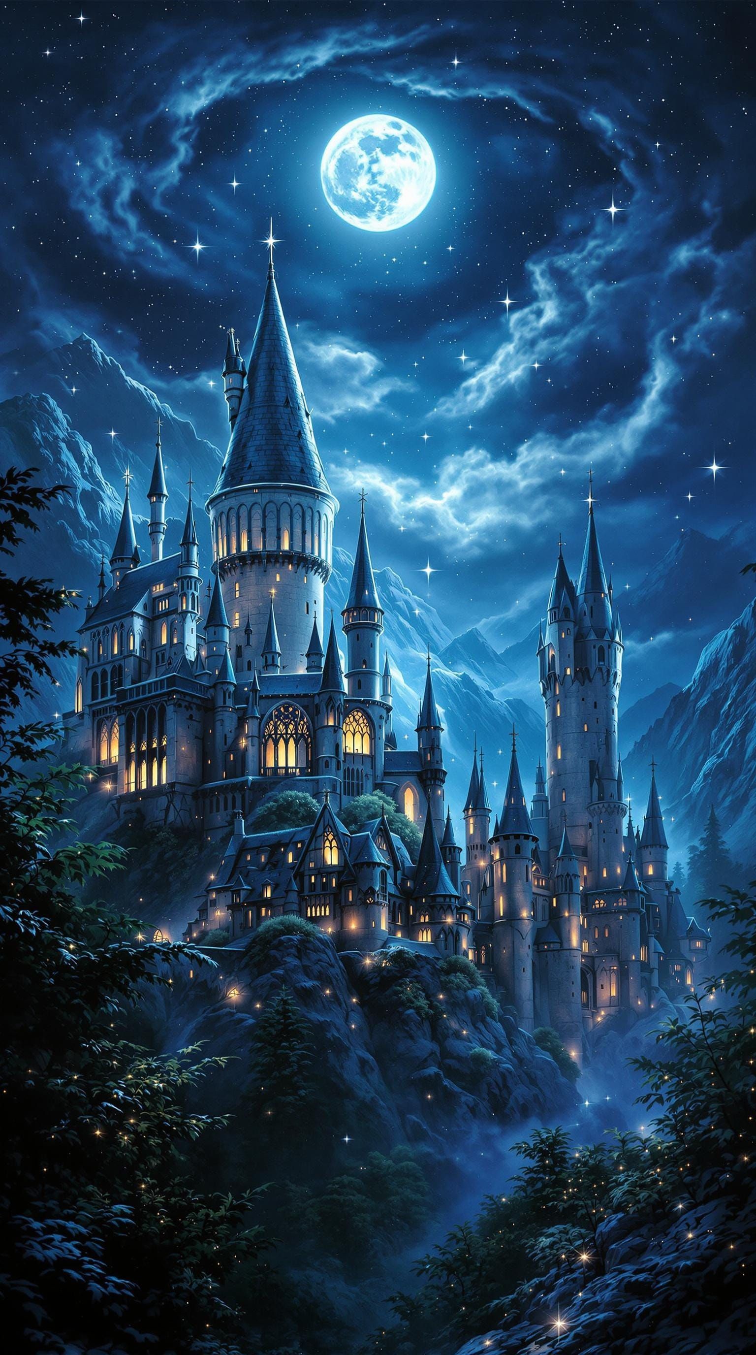 Mystical Hogwarts Castle Shines Under Starry Night Sky