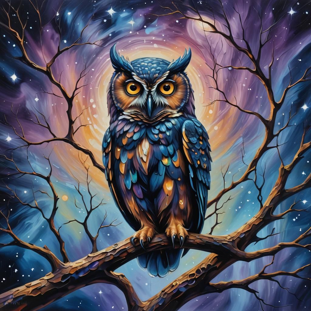 Cosmic Owl in Surreal Dreamscape, Oil on Canvas