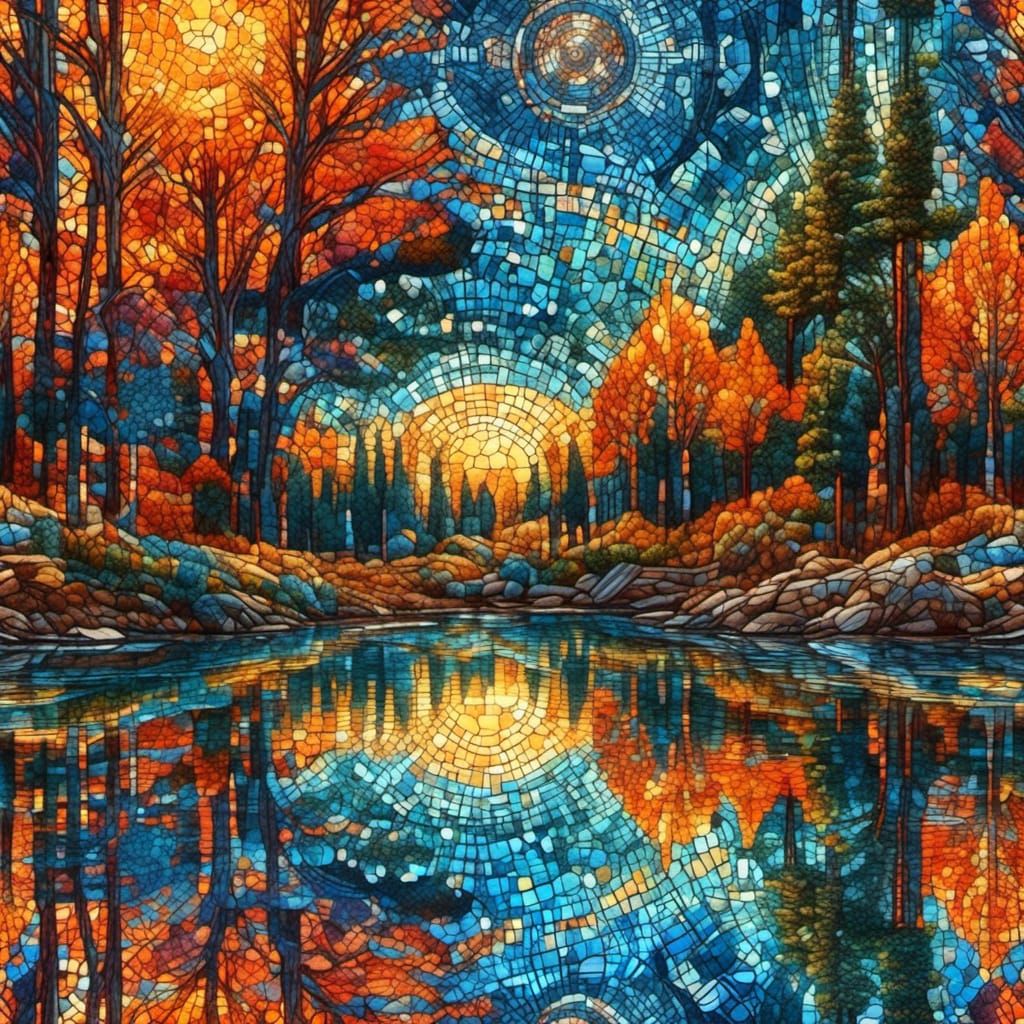 <lora:mosaicify:1.0> Mosaic of the sun reflected in a lake s...
