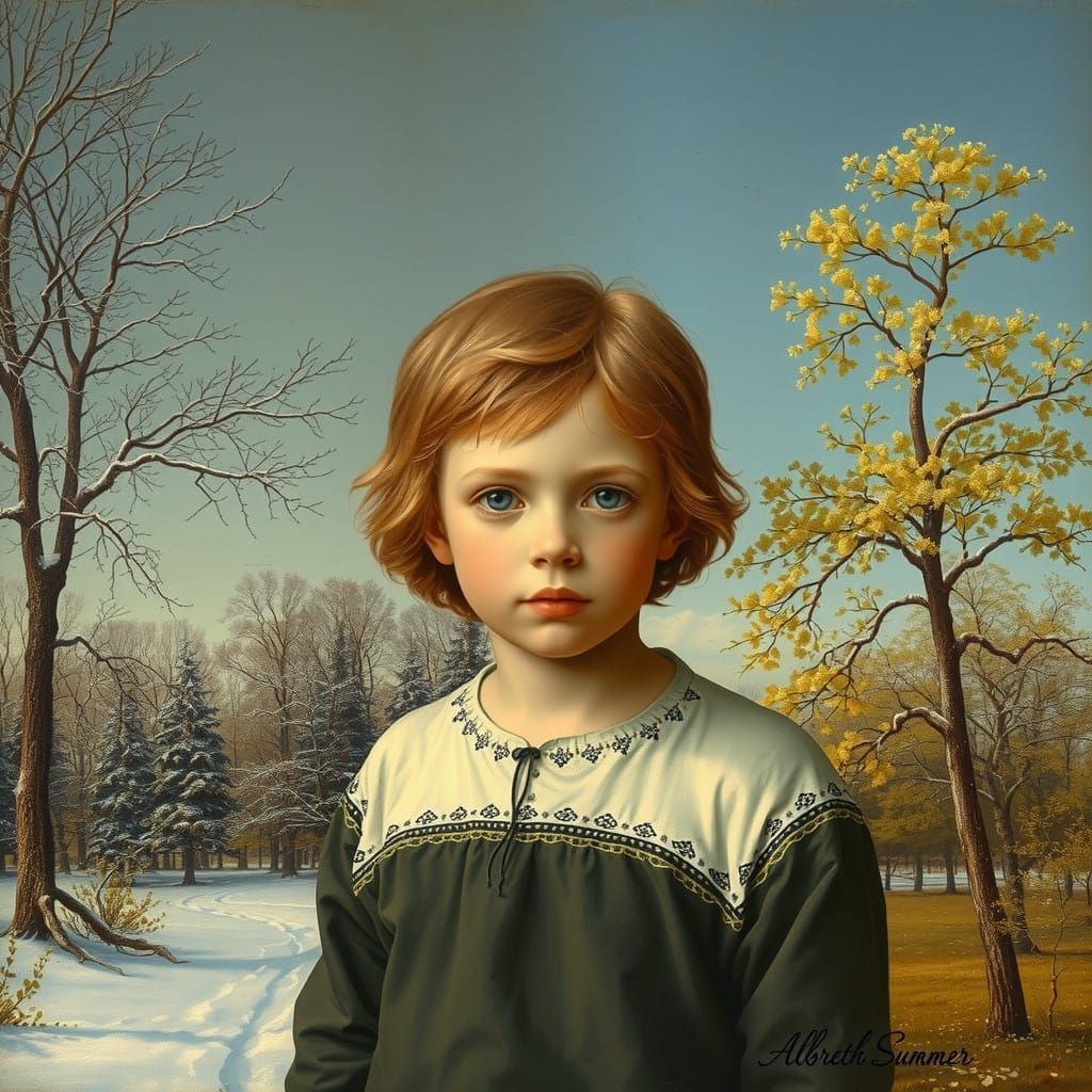 Child Stares Out at the Seasons, in a Durer-Inspired Landsca...