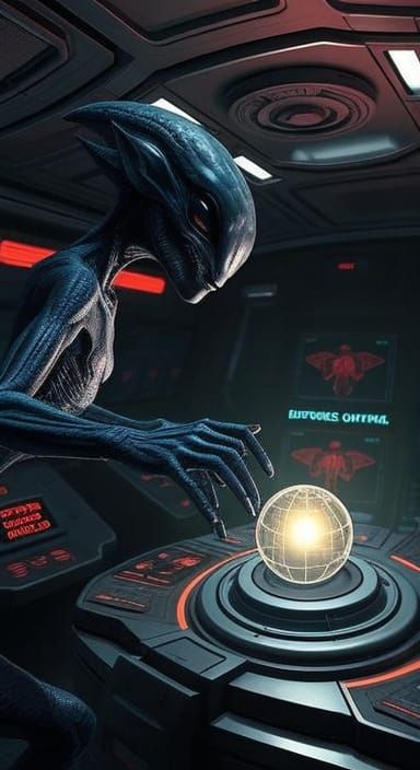 Alien Reaches for Orb on High-Tech Bridge