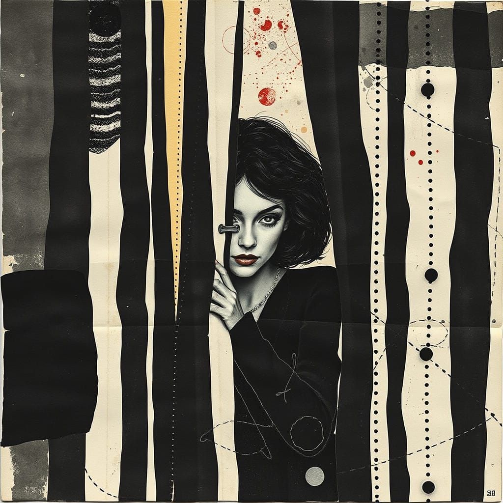 Abstract Woman Hides Behind Dark Curtains in Textured Collag...