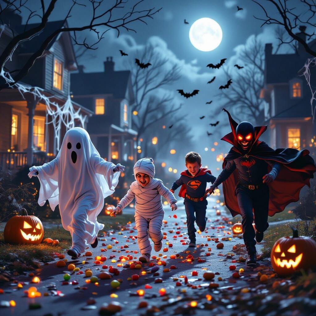 Funny Halloween Night in Cozy Suburb