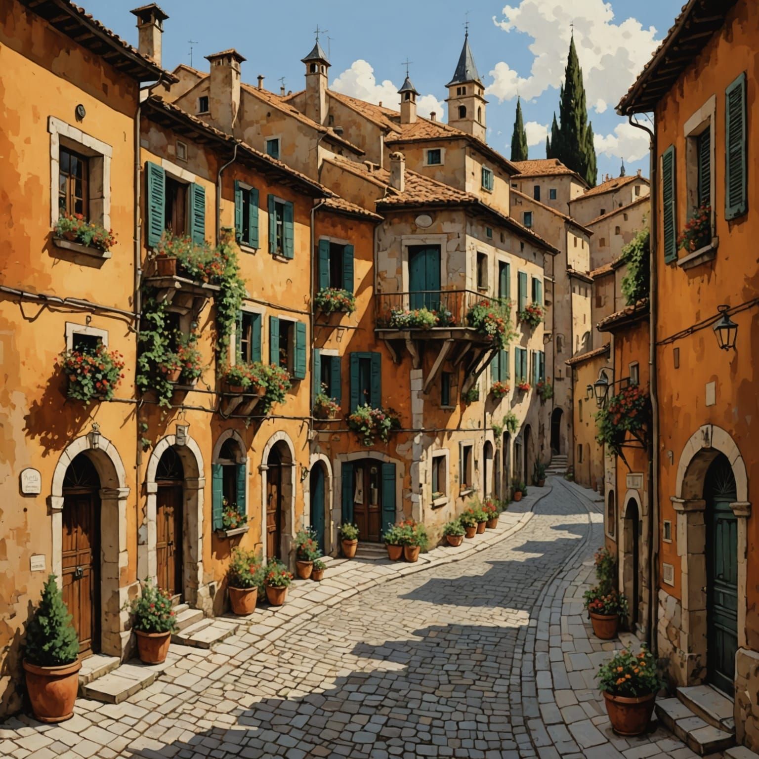 Quaint Italian Town Scene in Traditional Art Style