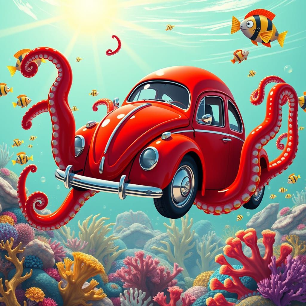 Glossy Red VW Beetle-Octopus in Vibrant Ocean Scene