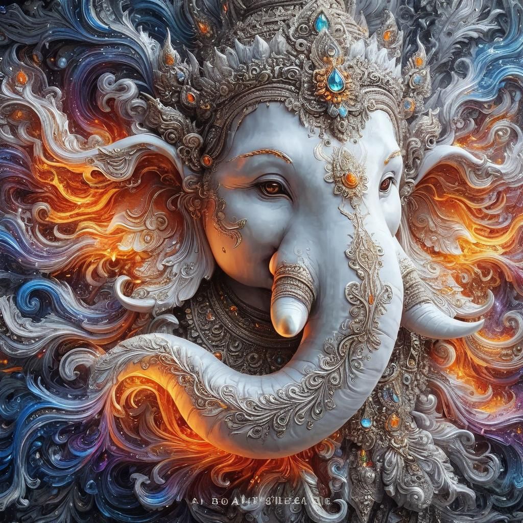 Flaming Ganesha Statue in Psychedelic Digital Art