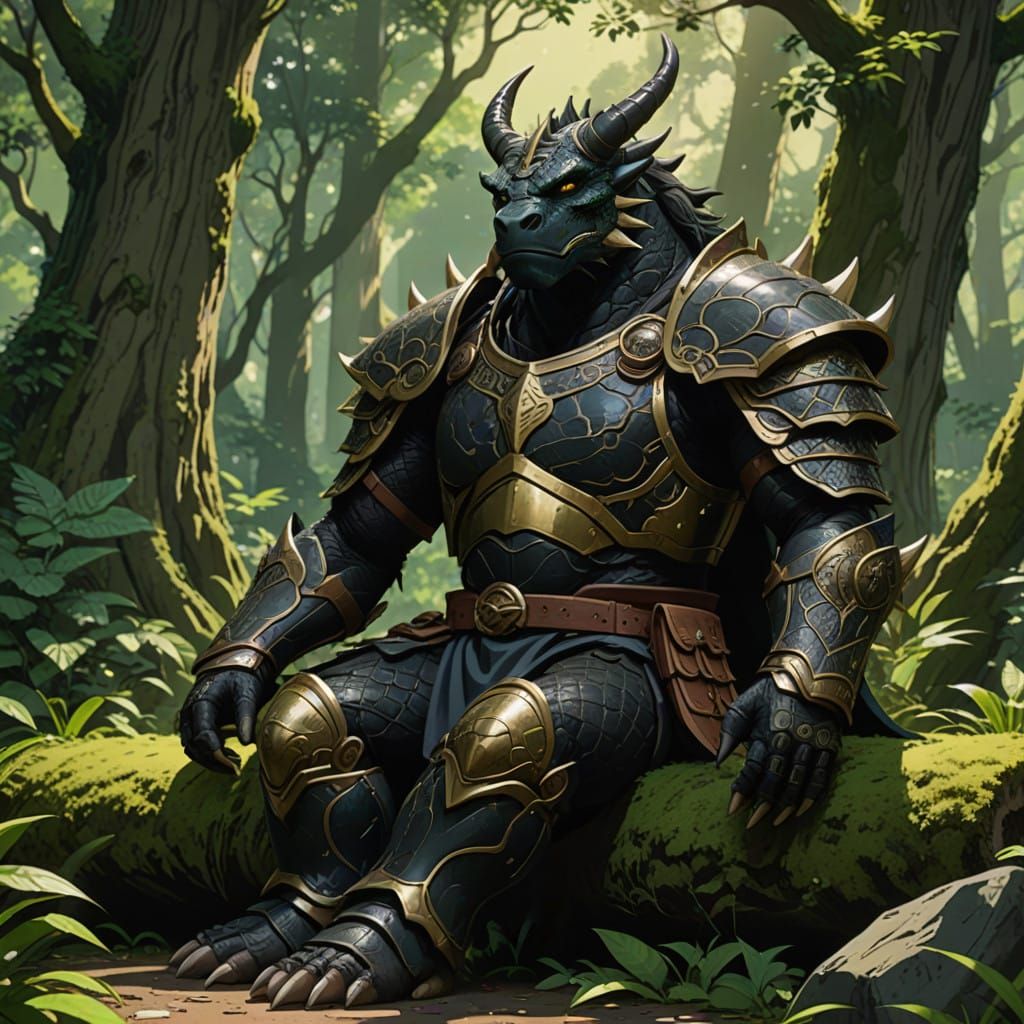 Serene Black Dragonborn Barbarian in a Lush Forest Glade