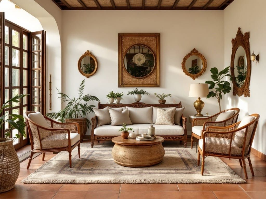 Serene Colonial-Style Living Room with Wooden Furniture