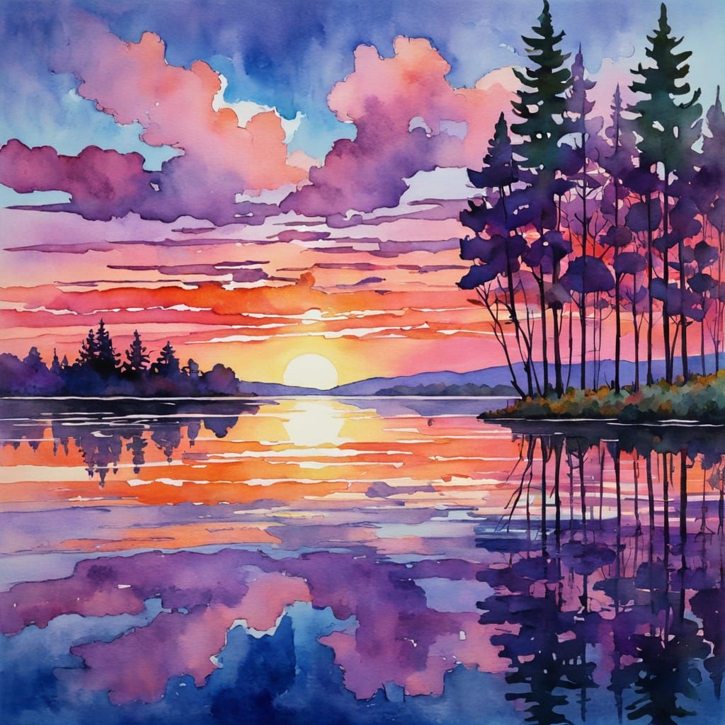 Serene Lake Sunset Watercolor Painting with Wildflowers