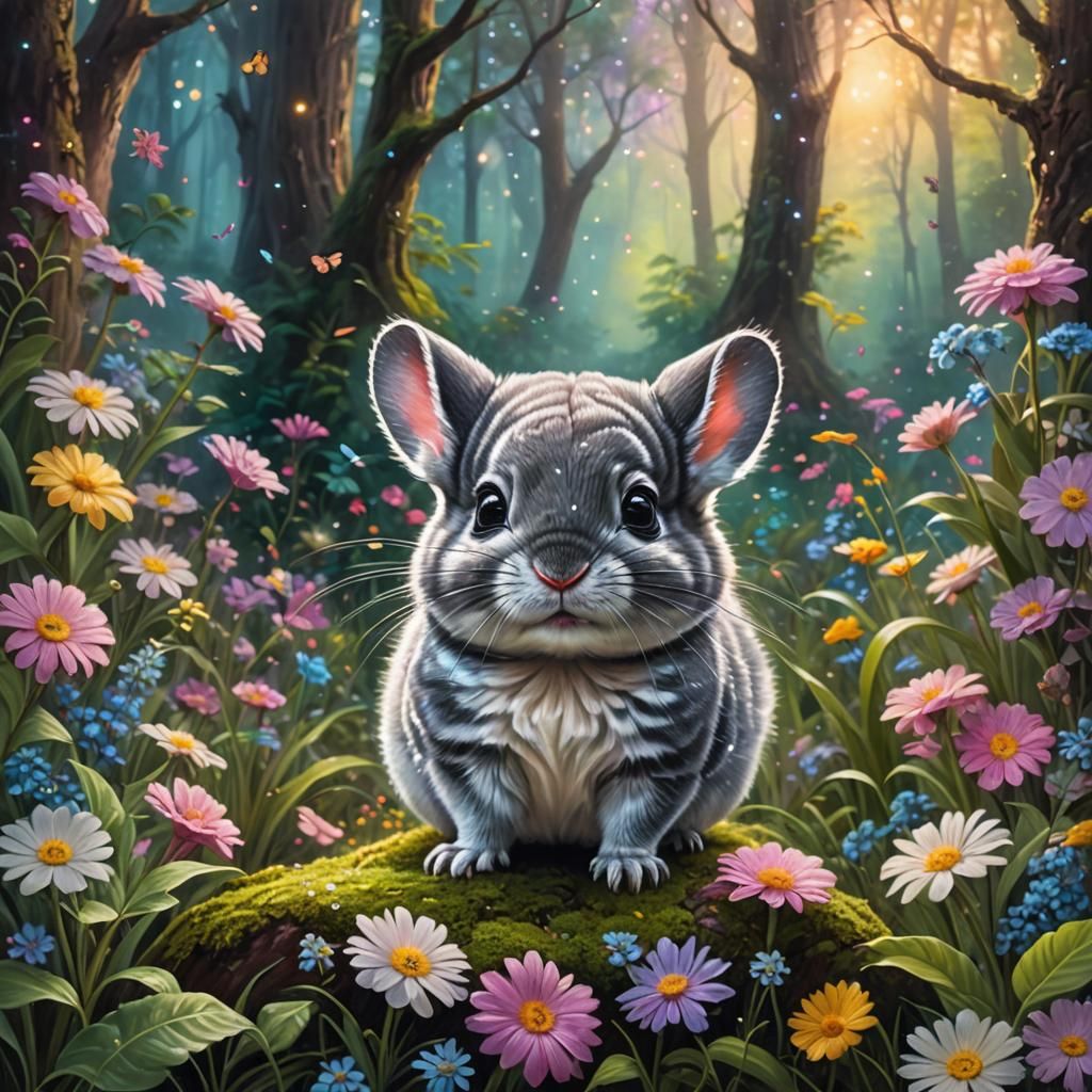 Enchanted Forest: Baby Chinchilla in Oil Painting Style
