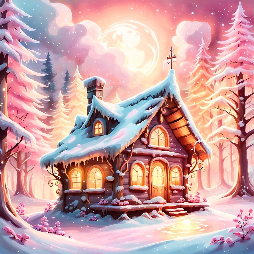 Fairy Cabin in Snowy Forest, Digital Fantasy Art