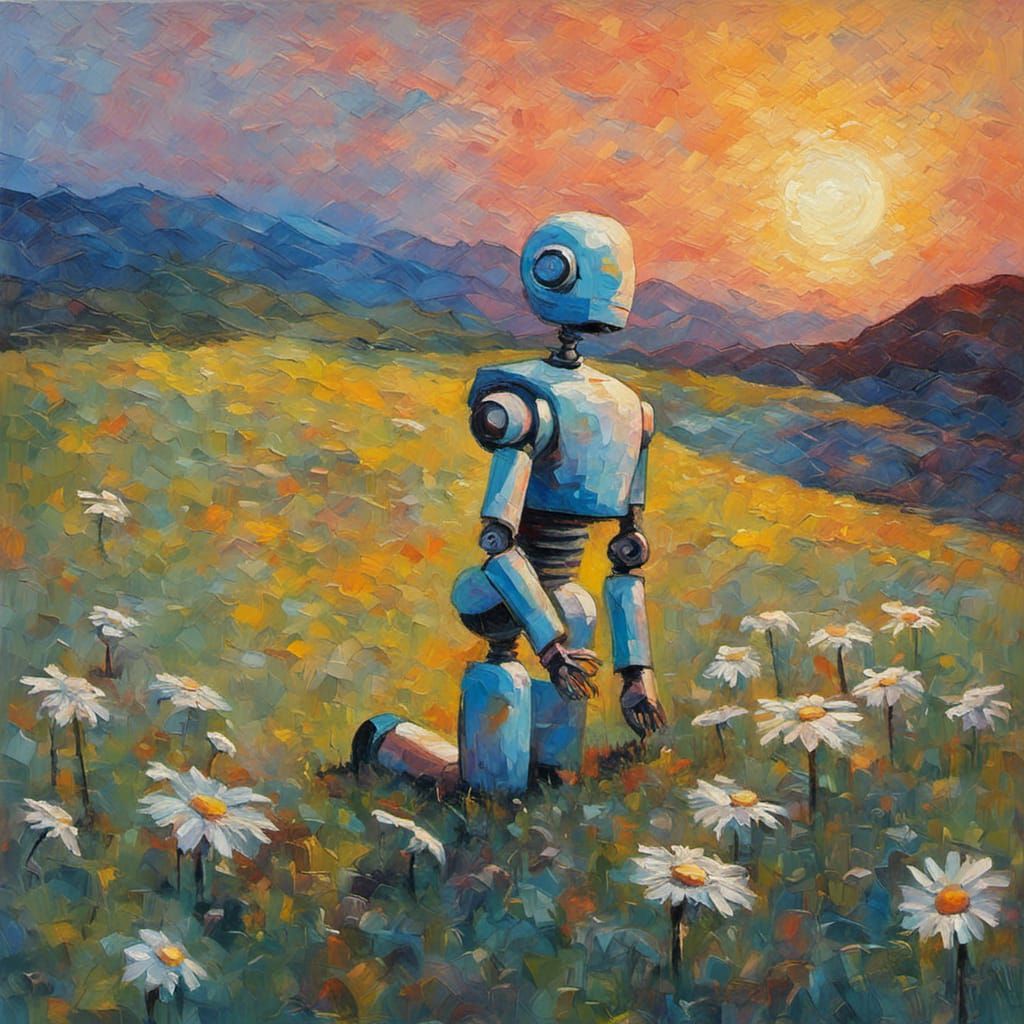 Robot and Daisy in Impressionist Landscape Painting