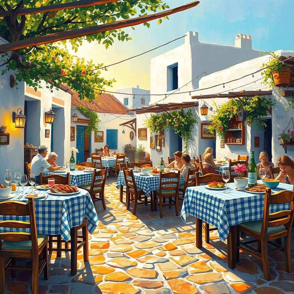 Whitewashed Village Taverna in Impressionist Style