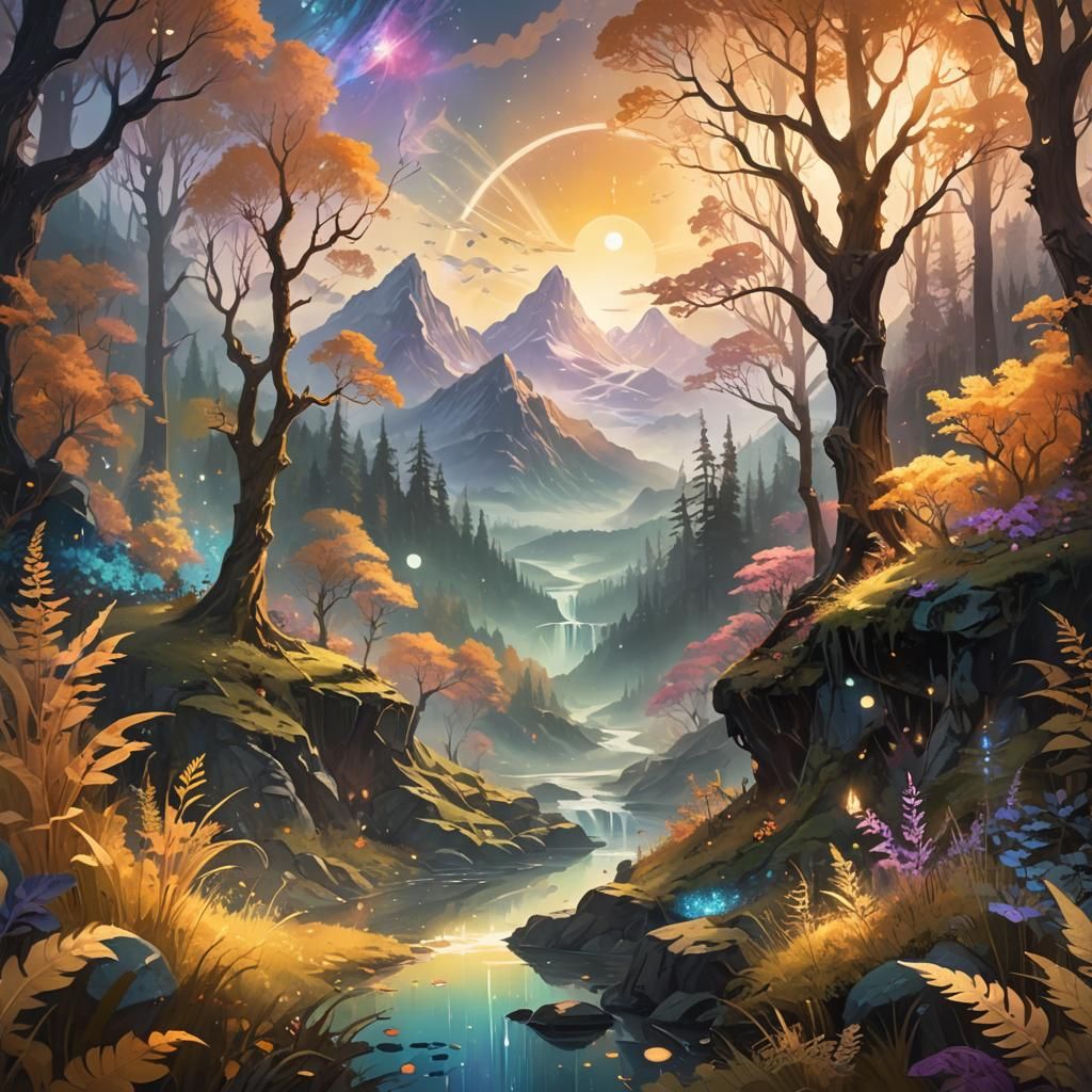 Ethereal Forest and Mountain Dreamscape in Fantasy Style