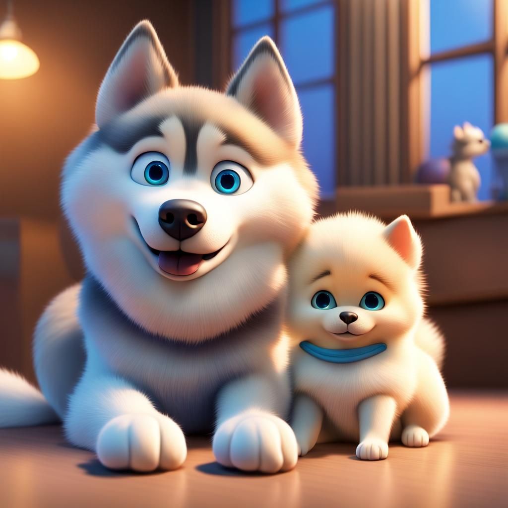 Heterochromatic Husky and Pomeranian, 3D Digital Art