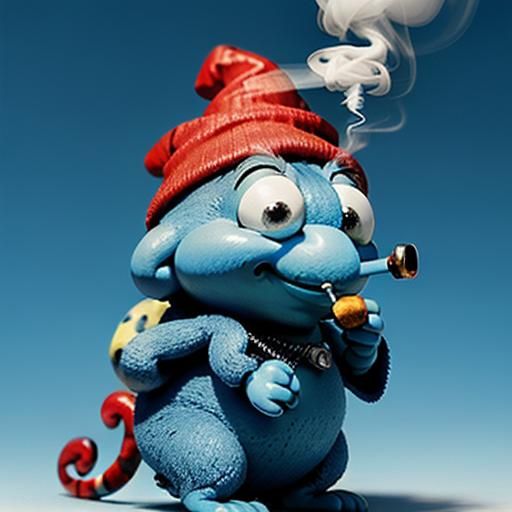 A caterpillar wearing a Smurf hat, smoking a tiny pipe and p...
