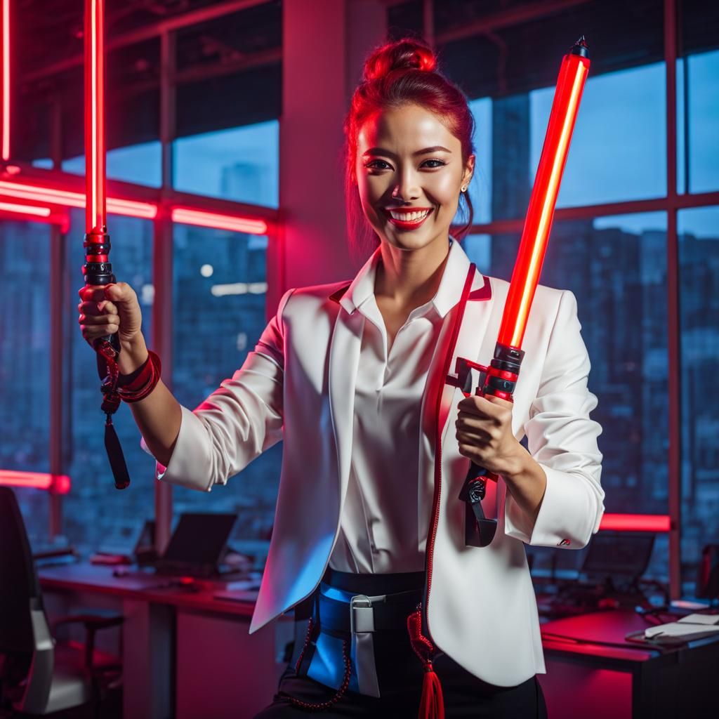Fighter with Nunchaku in Office, Neon Lights
