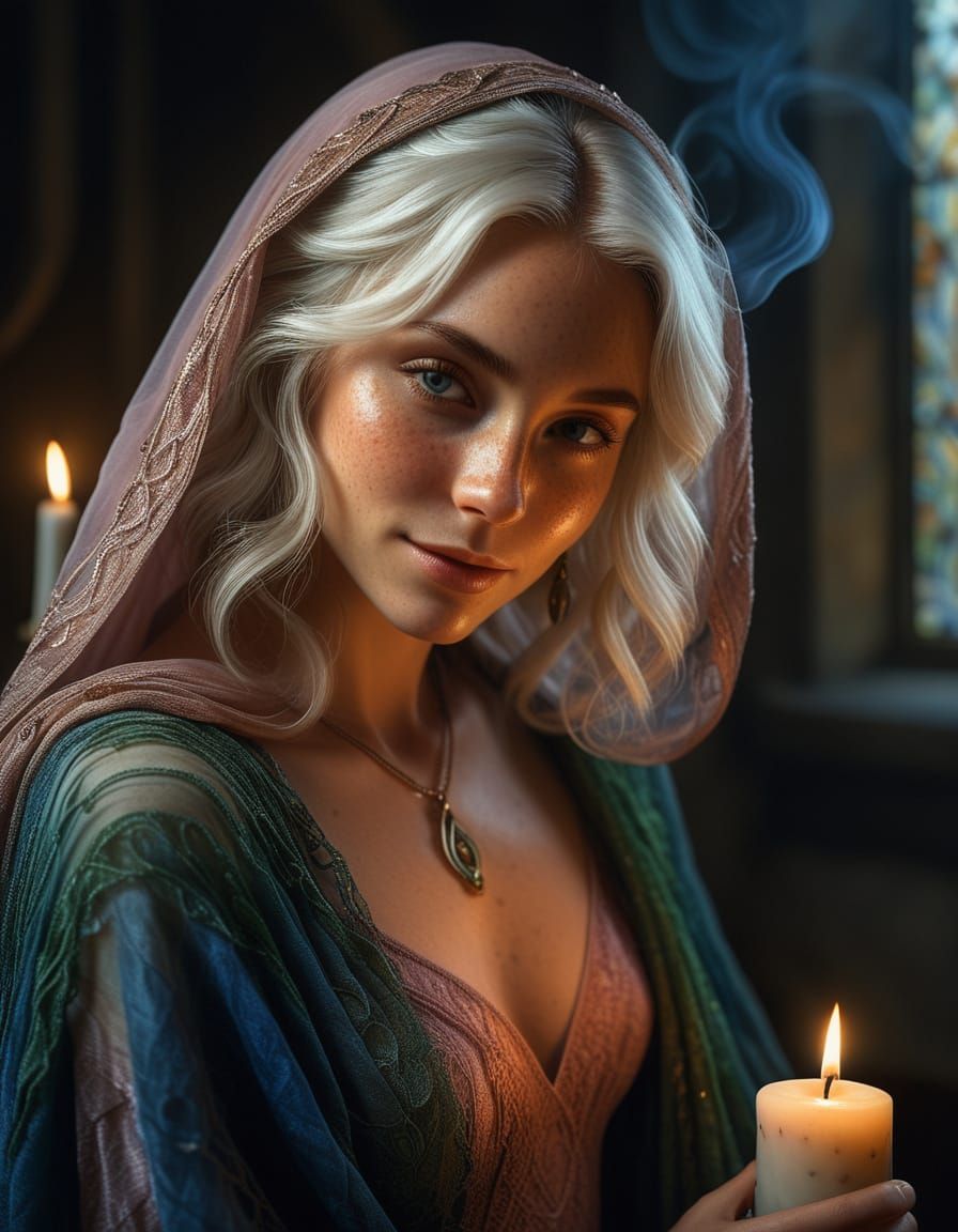 Renaissance Elf Woman in Candlelit Chapel