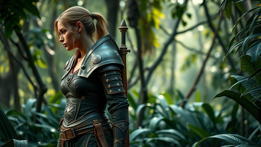Female Scout Stalking Prey in Jungle with Medieval Armor
